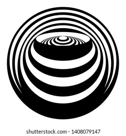 Abstract black and white striped round object. Geometric pattern with visual distortion effect. Optical illusion. Op art. Isolated on white background.
