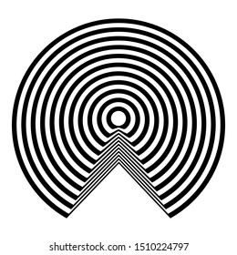 Abstract black and white striped round object. Geometric pattern with visual distortion effect. Optical illusion. Op art. Isolated on white background.