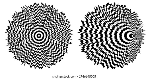 Abstract black and white striped round object. Geometric pattern with visual distortion effect. Optical illusion. Op art. Isolated on white background.