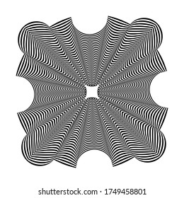 Abstraktes rundes, schwarz-weißes gestreiftes Objekt. Geometrisches Muster mit visueller Verzerrungswirkung. Optische Illusion. Op art. Einzeln auf weißem Hintergrund.