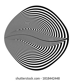 Abstract black and white striped round object. Geometric pattern with visual distortion effect. Optical illusion. Op art. Isolated on white background.