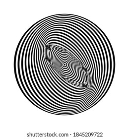 Abstract black and white striped round object. Geometric pattern with visual distortion effect. Optical illusion. Op art. Isolated on white background.