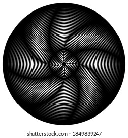 Abstract black and white striped round object. Geometric pattern with visual distortion effect. Optical illusion. Op art. Isolated on white background.