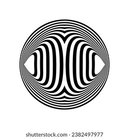 Abstract black and white striped round object. Geometric pattern with visual distortion effect. Optical illusion. Op art. Isolated on white background.