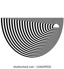 Abstract black and white striped semicircular object. Geometric pattern with visual distortion effect. Illusion of rotation. Op art. Isolated on white background.