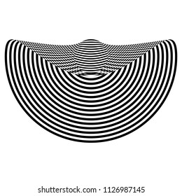 Abstract black and white striped semicircular object. Geometric pattern with visual distortion effect. Illusion of rotation. Op art. Isolated on white background.