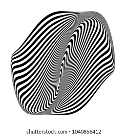 Abstract black and white striped shape. Geometric pattern with visual distortion effect. Optical illusion. Op art.Isolated on white background.