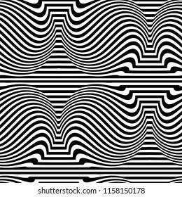 Abstract black and white striped spiral 3d vector seamless background. Convex volumetric ball of stripes and twisted rays.
