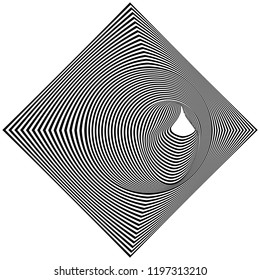 Abstract black and white striped square object. Geometric pattern with visual distortion effect. Optical illusion. Op art. Isolated on white background.