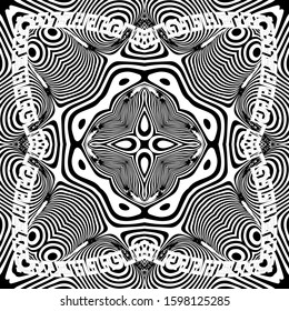 Abstract black and white striped vector seamless pattern. Modern intricate ornamental background. Wave lines, stripes, blots, abstract shapes and forms. Repeat backdrop. Greek key meanders ornament.