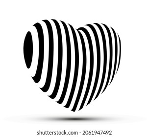 Abstract black and white striped vector illustration of a 3D heart love symbol isolated on white background.