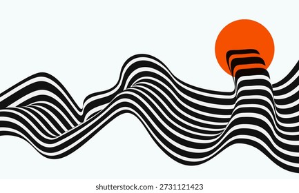 Abstract black and white striped wave on light background with bright orange circle as an accent, modern minimalist vector composition for branding and mockups.
