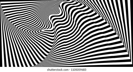 Abstract black and white striped wavy background. Geometric pattern with visual distortion effect. Optical illusion. Op art.