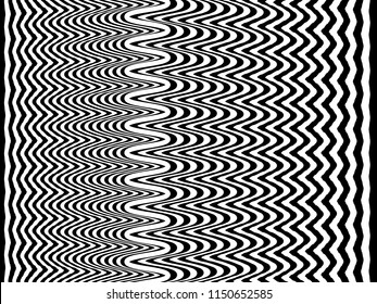 Abstract black and white striped wavy background. Geometric pattern with visual distortion effect. Optical illusion. Op art.