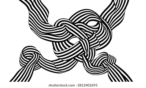 Abstract Black and White Striped Wavy Ribbons Background with Intertwined Knotted Patterns