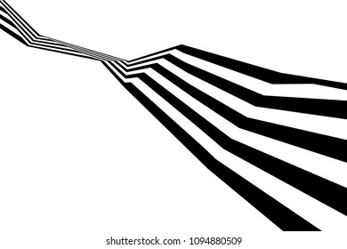 Abstract black and white stripes bent ribbon geometrical shape isolated on white background