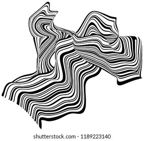Abstract black and white stripes bent ribbons geometrical chaotic wave shape isolated on white background