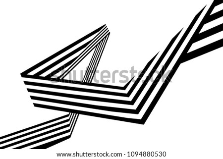 Abstract black and white stripes bent ribbon geometrical shape isolated on white background
