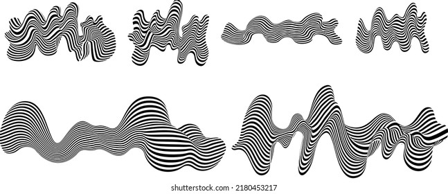 Abstract black and white stripes set. Liquify Wave Line. Perspective Smooth ribbon. Psychedelic hypnotic Op art pattern. Optical illusion 3d background. Modern vector design.