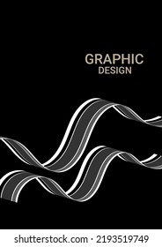 Abstract black and white stripes smoothly bent ribbon geometrical shape isolated on black background 