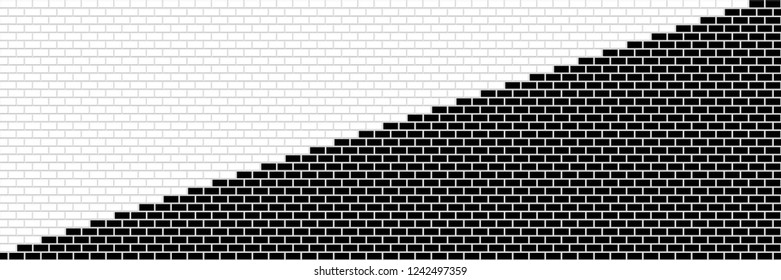 Abstract Black and White Structural Brick Wall. Panoramic Solid Surface. Vector. 3D Illustration