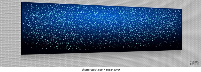 Abstract Black and White Structural Brick Wall with Picture. Template of Christmas Starry Snowfall. Vector. 3D Illustration