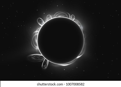 Abstract black and white sun eclipse, solar prominences in space, vector illustration