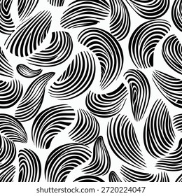 Abstraktes schwarz-weißes Wirbelmuster nahtloser Hintergrund Schlagwörter: abstrakt, muster, hintergrund, schwarz, weiß, wirbel, design, textur, grafik, kunst, kreativ, modern, organisch, fließend, linien