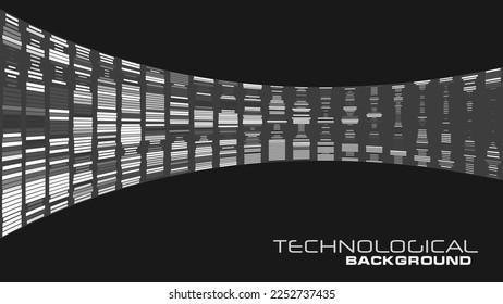 Abstract black and white technologic background with curved perspective line. Vector graphic pattern