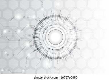 Abstract black and white technology background with circuit and hexagon pattern, sparkle effect and hi tech style circle.
