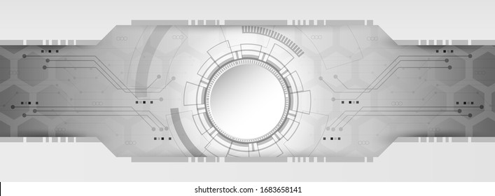 Resumen del fondo de la tecnología en blanco y negro con patrón de circuito, círculo de estilo de alta tecnología y textura hexagonal.