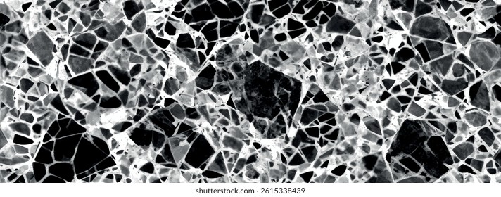 Abstract black and white terrazzo flooring texture background. Black stone with white and grey fragment background. Terrazzo texture background. 
