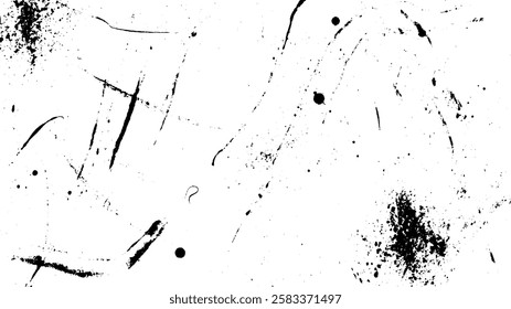 An abstract black and white texture featuring splatters, streaks, and dots on a white background, creating a dynamic and artistic composition.