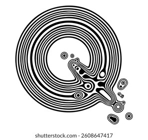Abstract Black and White Topographic Circle Pattern. A detailed abstract black and white artwork featuring a circular topographic pattern with organic contour lines.