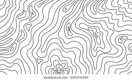 Abstract black and white topographic contour line pattern on a clean background. Curvy, organic design inspired by terrain maps, perfect for backgrounds, textures, and modern design elements.