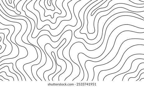 Abstract black and white topographic contour line pattern on a clean background. Curvy, organic design inspired by terrain maps, perfect for backgrounds, textures, and modern design elements.