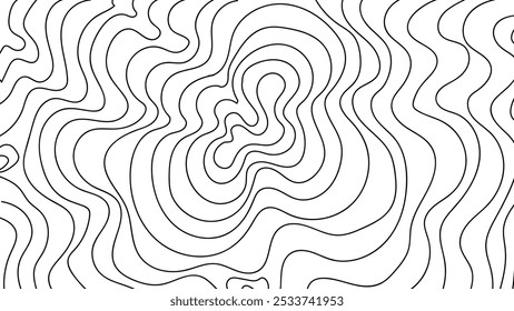 Abstract black and white topographic contour line pattern on a clean background. Curvy, organic design inspired by terrain maps, perfect for backgrounds, textures, and modern design elements.