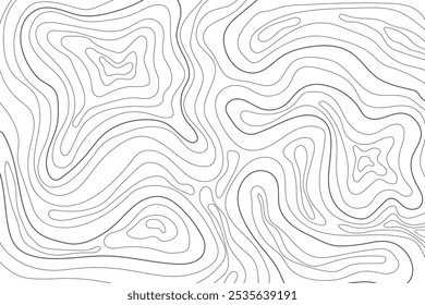 Abstract black and white topographic lines contour map background concept. Topography map art curve landscape elevation drawing vector illustration. Vintage outdoors style geographic striped line art