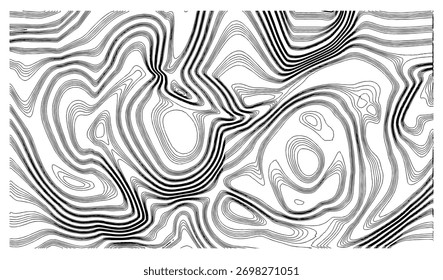 Abstractas mapa topográfico en blanco y negro con líneas de remolino y detalles texturizados, que sugieren un patrón topográfico o geológico