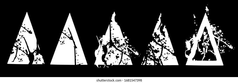 Abstract black and white triangle explosion. Geometric split, destruction. Bifurcation of abstract forms . Vector illustration with options. Liquid spatter on triangle silhouette. Horisontal format
