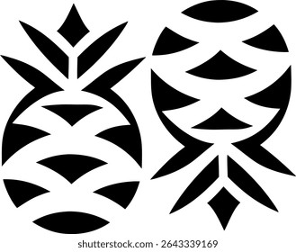 Abstract black and white tribal pineapple silhouettes, tropical fruit icons perfect for logos, t-shirt prints, stickers, decorations, stencil art, and summer-themed designs.