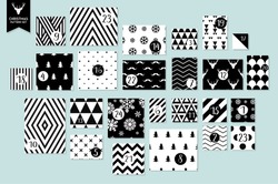 Abstract Black And White Twenty Four Various Seamless Patterns Set. Count Down Till Christmas. Advent Calendar. Vector