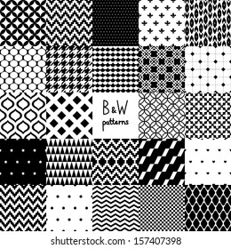 Abstract black and white twenty four various seamless patterns set, vector