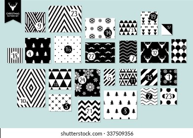 Abstract black and white twenty four various seamless patterns set. Count down till christmas. Advent calendar. Vector