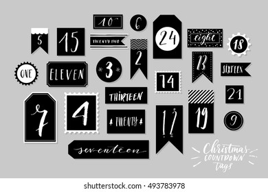 Abstract black and white twenty four christmas countdown printable tags collection. Count down till christmas kit. Advent calendar. Vector illustration