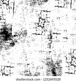 Abstract black and white vector background. Monochrome vintage surface with dirty pattern in cracks, spots, dots. Old painted wall in dark horror style design. Grunge overlay layer.