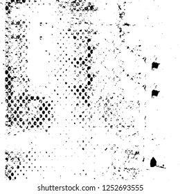 Abstract black and white vector background. Monochrome vintage surface with dirty pattern in cracks, spots, dots. Old painted wall in dark horror style design. Grunge overlay layer.