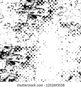 Abstract black and white vector background. Monochrome vintage surface with dirty pattern in cracks, spots, dots. Old painted wall in dark horror style design. Grunge overlay layer.