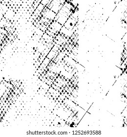 Abstract black and white vector background. Monochrome vintage surface with dirty pattern in cracks, spots, dots. Old painted wall in dark horror style design. Grunge overlay layer.