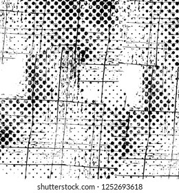 Abstract black and white vector background. Monochrome vintage surface with dirty pattern in cracks, spots, dots. Old painted wall in dark horror style design. Grunge overlay layer.
